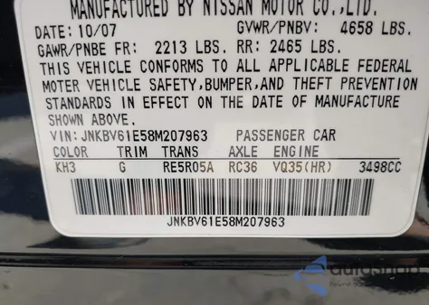 2008 Infiniti G35 Journey from USA, damaged, VIN JNKBV61E58M207963